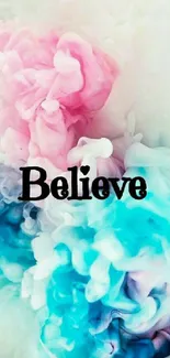 Pastel clouds with 'Believe' text in vibrant colors.