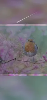 Bird perched on a pastel blossom branch with a soft, serene background.