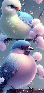 Two pastel-colored birds among cherry blossoms.