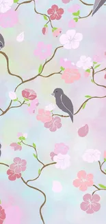 Mobile wallpaper with pastel blossoms and birds on branches.