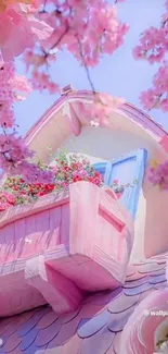 Dreamy pastel wallpaper with cherry blossoms and a pink cottage.