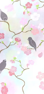 Elegant pastel wallpaper with birds and blossoms.