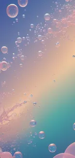 Colorful pastel bubbles float in a soft sky.