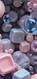 Pastel-themed wallpaper with bubbles and soft cubes.