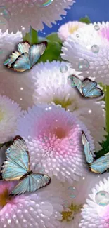 Blue butterflies on pastel flowers wallpaper with bubbles.