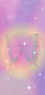 Pastel butterfly with dreamy rainbow hues on phone wallpaper.