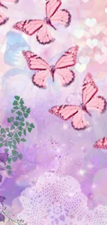 Pastel wallpaper with pink butterflies and floral motifs in lavender hues.