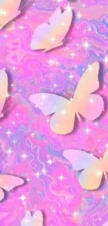 Pastel butterflies with sparkles on a bright pink background.