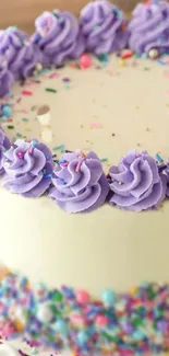 Lavender frosted cake with colorful sprinkles and decorative border.