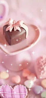 Mobile wallpaper featuring pastel heart-shaped candies and a chocolate accent.