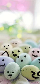 Pastel eggs with cute cartoon faces on a floral background.