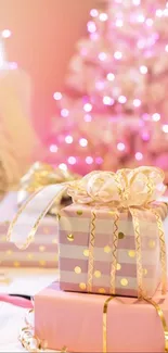 Pastel themed Christmas gifts with pink lights.