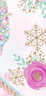 Pastel Christmas wallpaper with pink ornaments and gold snowflakes.