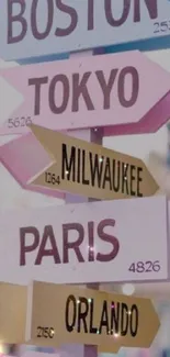 Pastel signpost with city names including Tokyo and Paris.