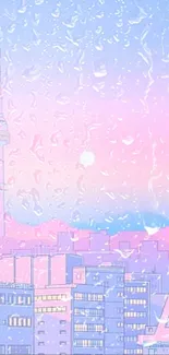 Pastel cityscape with a tower at dusk in blue and pink hues.