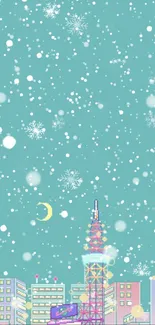 Pastel cityscape with snowflakes and a tower under a teal sky.