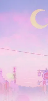 Pastel cityscape wallpaper with crescent moon and pink sky.