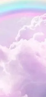 Pastel pink clouds with a serene rainbow in a soft, calm wallpaper design.