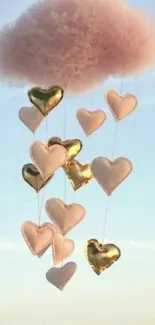 Mobile wallpaper with pink cloud and gold hearts against blue sky.