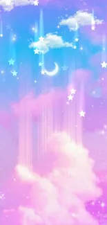 Pastel pink clouds with crescent moon in dreamy sky wallpaper.