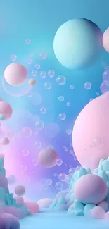 Pastel cloudscape with floating spheres in pink and blue hues.