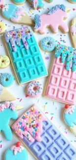 Pastel themed wallpaper with cookies, donuts, and unicorns.