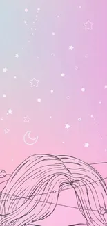 Pastel cosmic theme wallpaper with stars and planets.