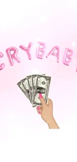 Light pink wallpaper with 'Crybaby' text and a hand holding cash.