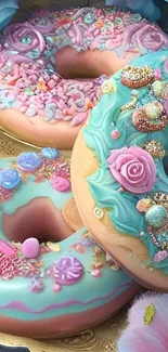 Pastel donuts with detailed icing and vibrant colors on a colorful background.