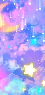 Pastel galaxy wallpaper with crescent moon and stars.