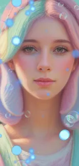 Pastel-haired girl with bubbles, dreamy art.