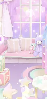 Pastel kids room wallpaper with soft pink and lavender tones.