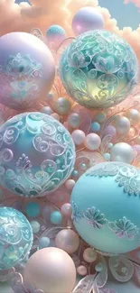 Pastel blue and pink orbs with lace designs on a dreamy background.