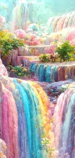 Dreamy pastel waterfall with vibrant colors.