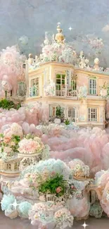 A dreamy pastel castle surrounded by blooming flowers, in soft shades of pink and peach.