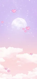 Pastel moonlit sky with pink pixel hearts and fluffy clouds.