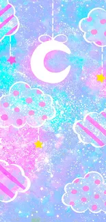 Pastel wallpaper with clouds, stars, and crescent moon on a purple background.