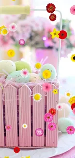 Pastel Easter basket with painted eggs and soft focus flowers.