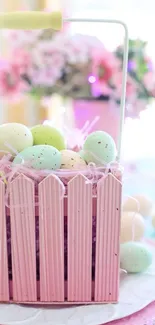 Pastel pink basket with Easter eggs and floral background.