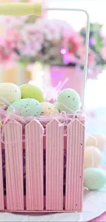 Pastel-colored Easter basket with eggs.