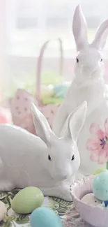 Ceramic bunnies with pastel Easter eggs in a springtime setting.