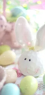 Pastel Easter bunny with colorful eggs