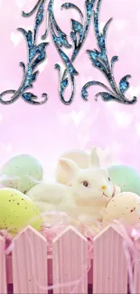 Pastel Easter wallpaper with bunny and eggs.