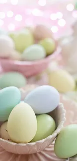 Pastel Easter eggs in a decorative bowl.