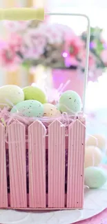 Pastel Easter basket with colorful eggs and flowers.