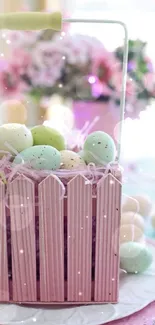 Pastel Easter basket filled with colored eggs and flowers.