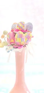 Pastel Easter eggs arranged in a vase with soft colors.