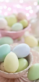 Pastel Easter eggs arranged in delicate bowls for a spring theme wallpaper.