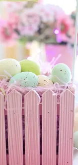 Pastel Easter basket with speckled eggs.