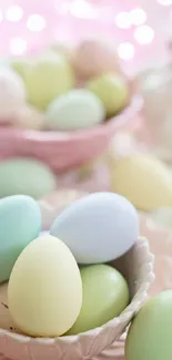 Pastel Easter eggs in bowls create a serene festive wallpaper.